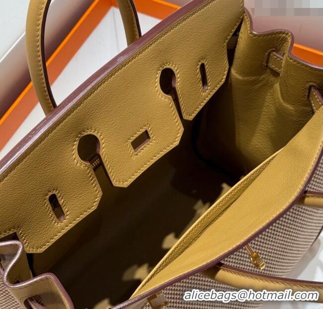 Grade Design Hermes Birkin 25cm Bag in Waffle Pattern Canvas and Swift Calfskin with Gold Hardware H1083 Milk Tea Beige 