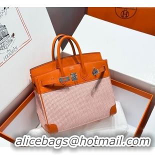 Luxury Cheap Hermes Birkin 25cm Bag in Waffle Pattern Canvas and Swift Calfskin with Silver Hardware H1083 Orange 2025 (