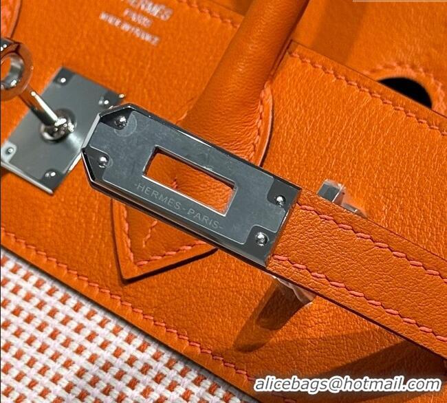 Luxury Cheap Hermes Birkin 25cm Bag in Waffle Pattern Canvas and Swift Calfskin with Silver Hardware H1083 Orange 2025 (