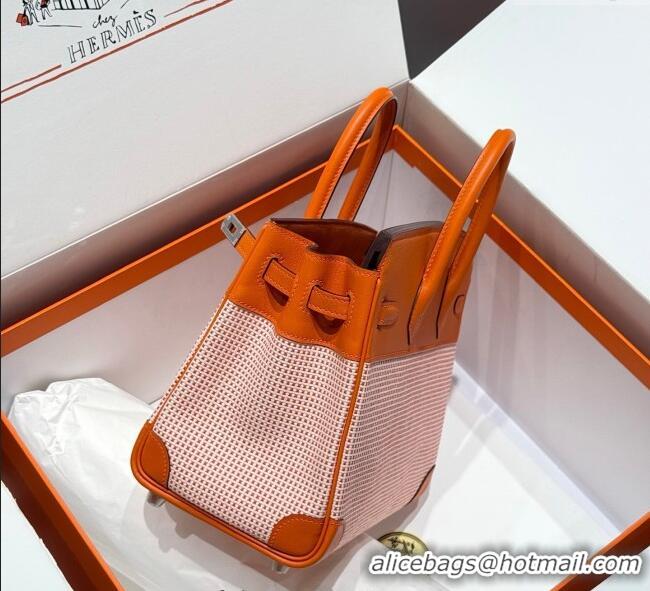 Luxury Cheap Hermes Birkin 25cm Bag in Waffle Pattern Canvas and Swift Calfskin with Silver Hardware H1083 Orange 2025 (