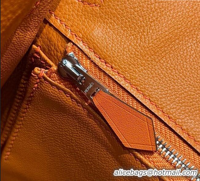 Luxury Cheap Hermes Birkin 25cm Bag in Waffle Pattern Canvas and Swift Calfskin with Silver Hardware H1083 Orange 2025 (