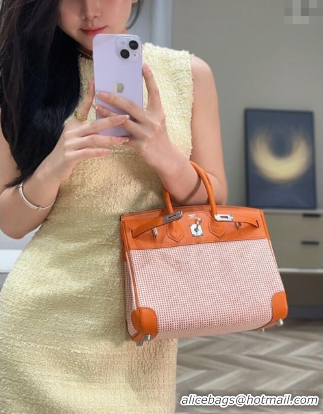 Luxury Cheap Hermes Birkin 25cm Bag in Waffle Pattern Canvas and Swift Calfskin with Silver Hardware H1083 Orange 2025 (