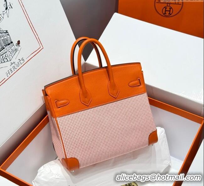 Luxury Cheap Hermes Birkin 25cm Bag in Waffle Pattern Canvas and Swift Calfskin with Silver Hardware H1083 Orange 2025 (