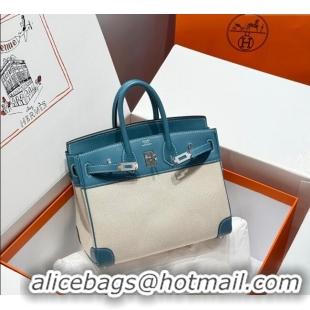 New Fashion Hermes Birkin 25cm Bag in Canvas and Swift Calfskin with Silver Hardware H1083 Denim Blue 2025 (Half Handmad