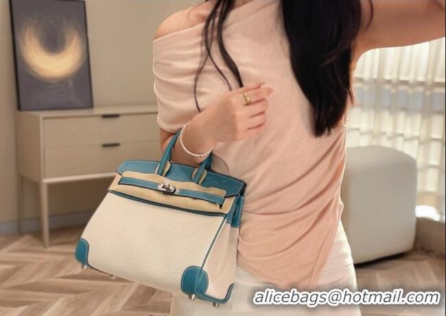 New Fashion Hermes Birkin 25cm Bag in Canvas and Swift Calfskin with Silver Hardware H1083 Denim Blue 2025 (Half Handmad