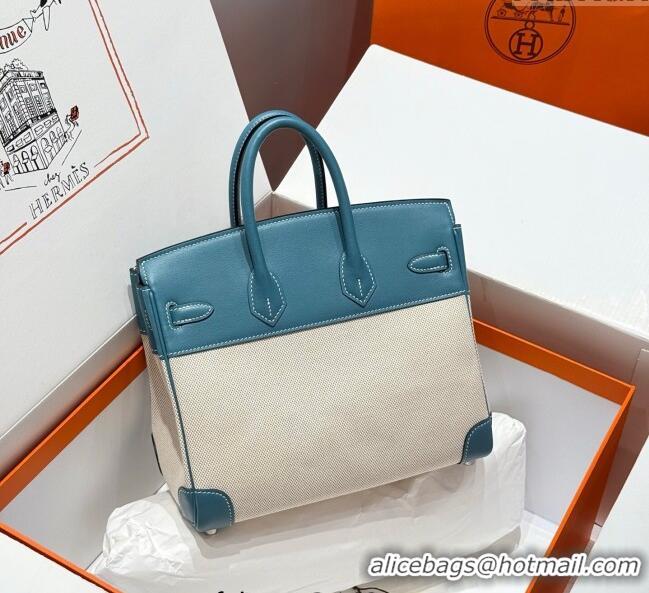 New Fashion Hermes Birkin 25cm Bag in Canvas and Swift Calfskin with Silver Hardware H1083 Denim Blue 2025 (Half Handmad