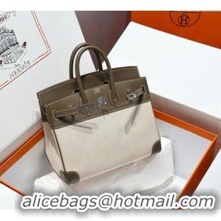 Cheap Price Hermes Birkin 25cm Bag in Canvas and Swift Calfskin with Silver Hardware H1083 Elephant Grey 2025 (Half Hand