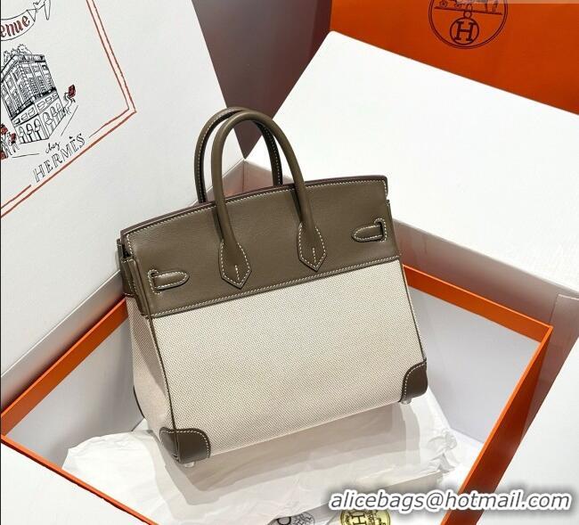 Cheap Price Hermes Birkin 25cm Bag in Canvas and Swift Calfskin with Silver Hardware H1083 Elephant Grey 2025 (Half Hand