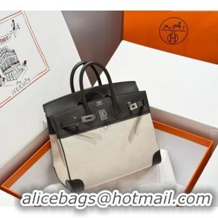 Discount Hermes Birkin 25cm Bag in Canvas and Swift Calfskin with Silver Hardware H1083 Ebony 2025 (Half Handmade)