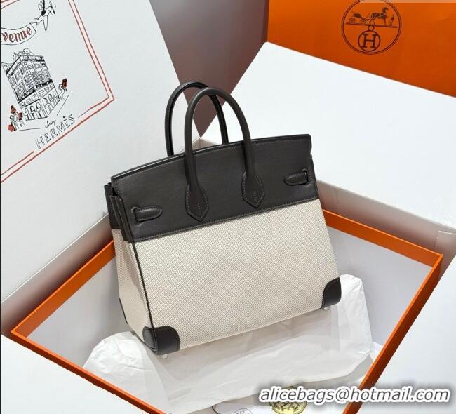 Discount Hermes Birkin 25cm Bag in Canvas and Swift Calfskin with Silver Hardware H1083 Ebony 2025 (Half Handmade)