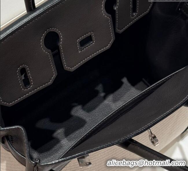 Discount Hermes Birkin 25cm Bag in Canvas and Swift Calfskin with Silver Hardware H1083 Ebony 2025 (Half Handmade)