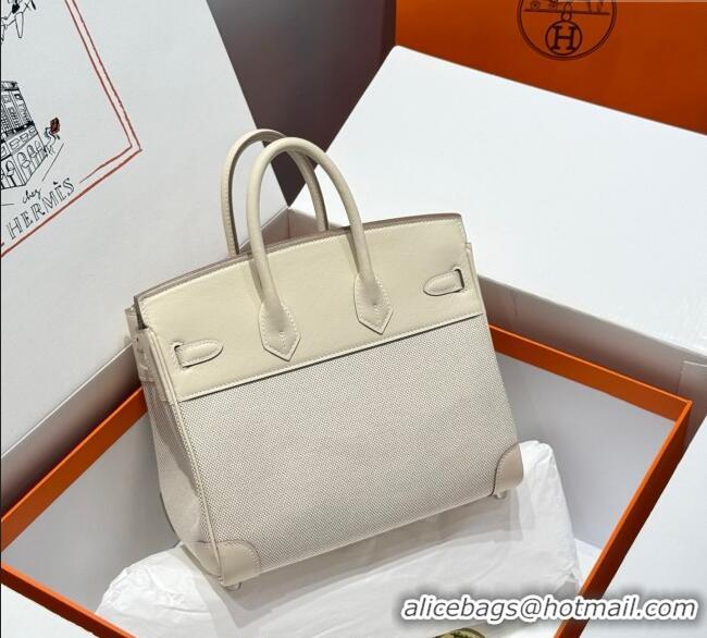 Best Grade Hermes Birkin 25cm Bag in Canvas and Swift Calfskin with Silver Hardware H1083 Milk Shake White 2025 (Half Ha