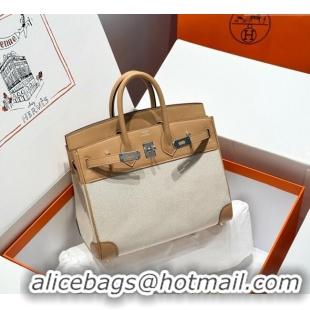 Well Crafted Hermes Birkin 25cm Bag in Canvas and Swift Calfskin with Silver Hardware H1083 Milk Tea Beige 2025 (Half Ha