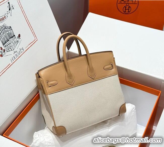 Well Crafted Hermes Birkin 25cm Bag in Canvas and Swift Calfskin with Silver Hardware H1083 Milk Tea Beige 2025 (Half Ha