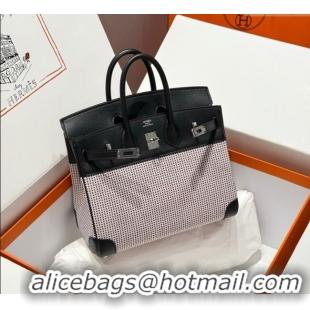 Good Product Hermes Birkin 25cm Bag in Waffle Pattern Canvas and Swift Calfskin with Silver Hardware H1085 Black/Pale Pi