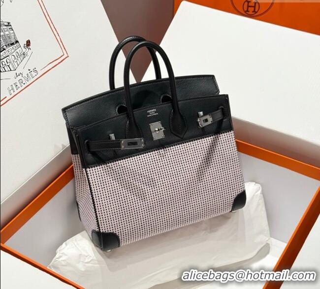 Good Product Hermes Birkin 25cm Bag in Waffle Pattern Canvas and Swift Calfskin with Silver Hardware H1085 Black/Pale Pi