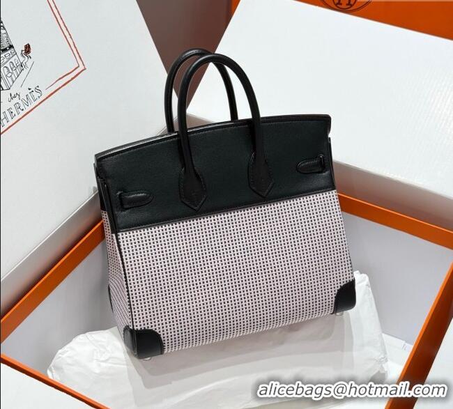 Good Product Hermes Birkin 25cm Bag in Waffle Pattern Canvas and Swift Calfskin with Silver Hardware H1085 Black/Pale Pi
