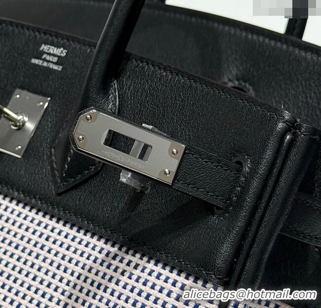 Good Product Hermes Birkin 25cm Bag in Waffle Pattern Canvas and Swift Calfskin with Silver Hardware H1085 Black/Pale Pi