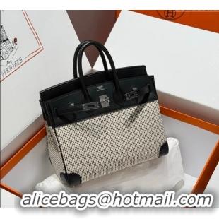Discount Hermes Birkin 25cm Bag in Waffle Pattern Canvas and Swift Calfskin with Silver Hardware H1083 Black/White 2025 