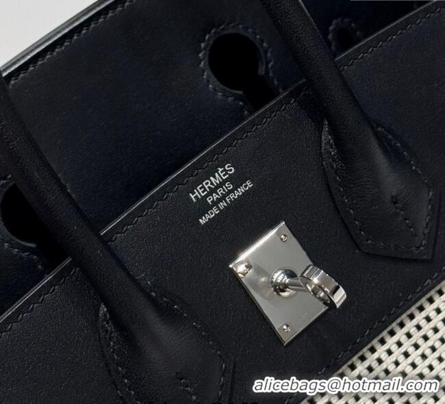 Discount Hermes Birkin 25cm Bag in Waffle Pattern Canvas and Swift Calfskin with Silver Hardware H1083 Black/White 2025 