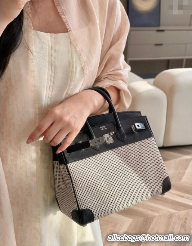 Discount Hermes Birkin 25cm Bag in Waffle Pattern Canvas and Swift Calfskin with Silver Hardware H1083 Black/White 2025 