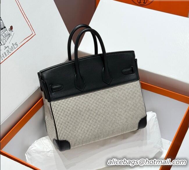 Discount Hermes Birkin 25cm Bag in Waffle Pattern Canvas and Swift Calfskin with Silver Hardware H1083 Black/White 2025 