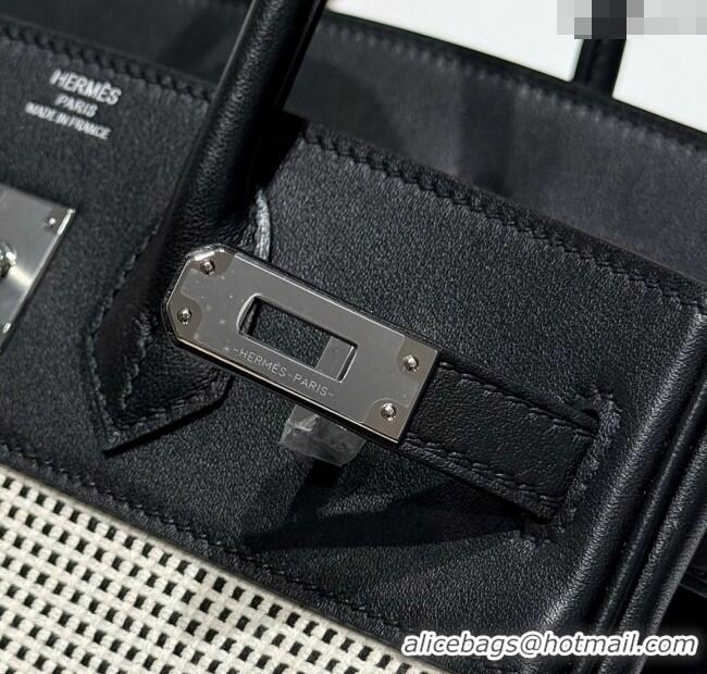 Discount Hermes Birkin 25cm Bag in Waffle Pattern Canvas and Swift Calfskin with Silver Hardware H1083 Black/White 2025 