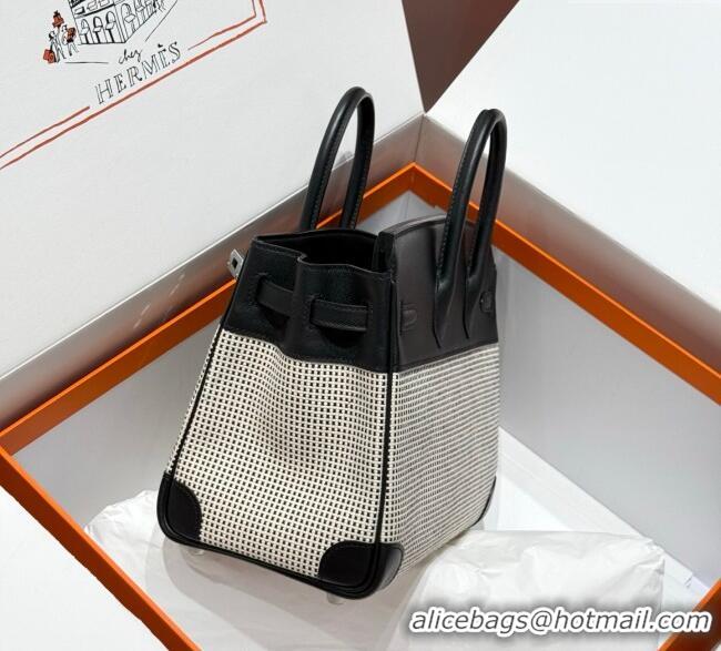 Discount Hermes Birkin 25cm Bag in Waffle Pattern Canvas and Swift Calfskin with Silver Hardware H1083 Black/White 2025 