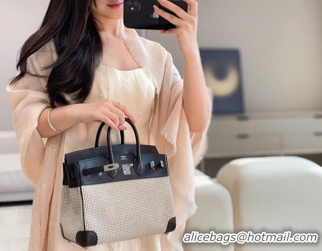 Discount Hermes Birkin 25cm Bag in Waffle Pattern Canvas and Swift Calfskin with Silver Hardware H1083 Black/White 2025 