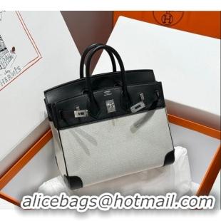 Best Product Hermes Birkin 25cm Bag in Canvas and Swift Calfskin Leather with Silver Hardware H1083 Black/White 2025 (Ha