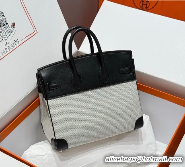 Best Product Hermes Birkin 25cm Bag in Canvas and Swift Calfskin Leather with Silver Hardware H1083 Black/White 2025 (Ha