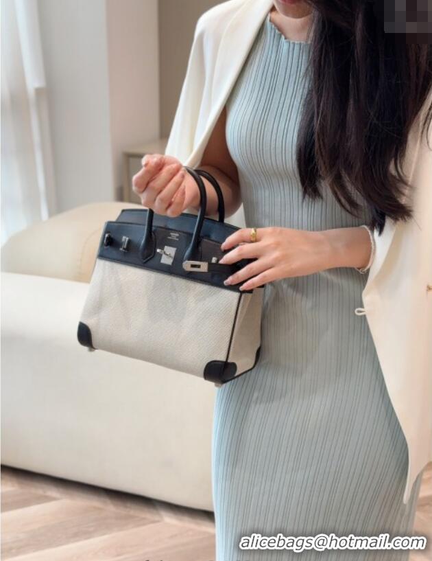 Best Product Hermes Birkin 25cm Bag in Canvas and Swift Calfskin Leather with Silver Hardware H1083 Black/White 2025 (Ha