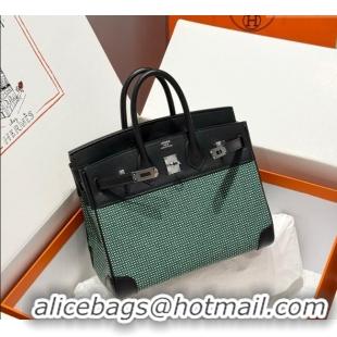 Top Quality Hermes Birkin 25cm Bag in Waffle Pattern Canvas and Swift Calfskin with Silver Hardware H1083 Black/Green 20