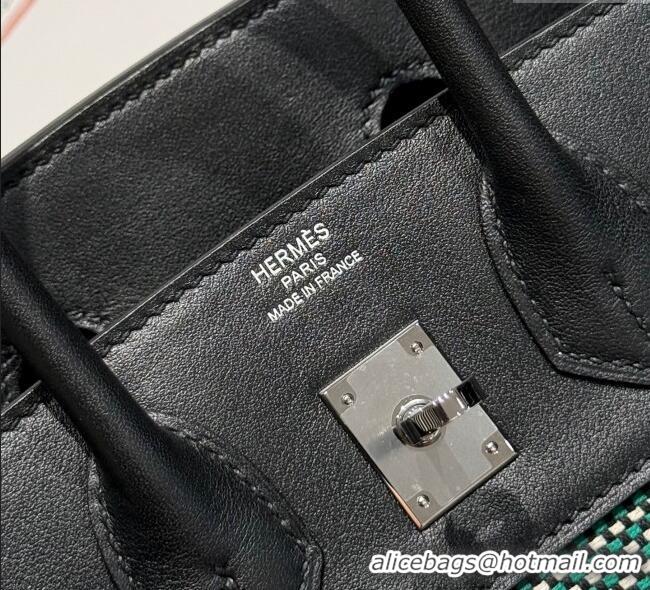 Top Quality Hermes Birkin 25cm Bag in Waffle Pattern Canvas and Swift Calfskin with Silver Hardware H1083 Black/Green 20