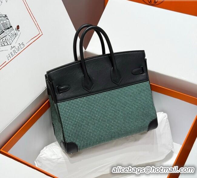 Top Quality Hermes Birkin 25cm Bag in Waffle Pattern Canvas and Swift Calfskin with Silver Hardware H1083 Black/Green 20