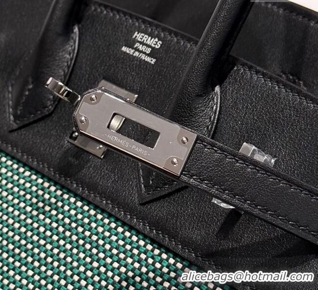 Top Quality Hermes Birkin 25cm Bag in Waffle Pattern Canvas and Swift Calfskin with Silver Hardware H1083 Black/Green 20
