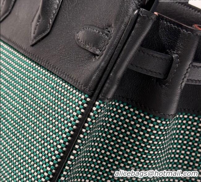 Top Quality Hermes Birkin 25cm Bag in Waffle Pattern Canvas and Swift Calfskin with Silver Hardware H1083 Black/Green 20