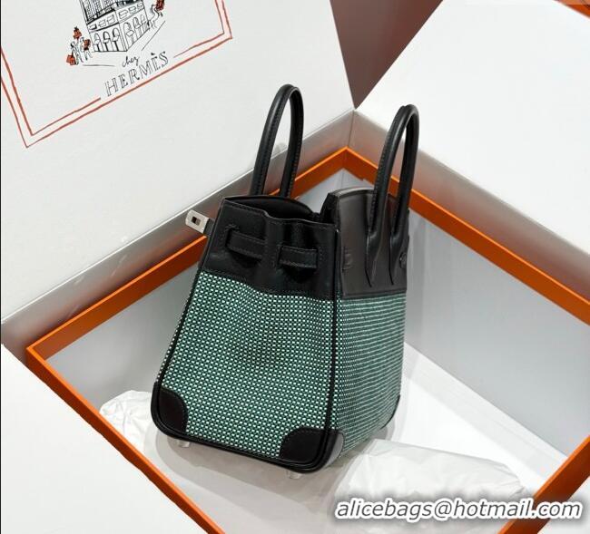Top Quality Hermes Birkin 25cm Bag in Waffle Pattern Canvas and Swift Calfskin with Silver Hardware H1083 Black/Green 20
