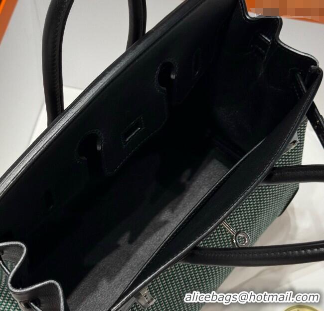 Top Quality Hermes Birkin 25cm Bag in Waffle Pattern Canvas and Swift Calfskin with Silver Hardware H1083 Black/Green 20