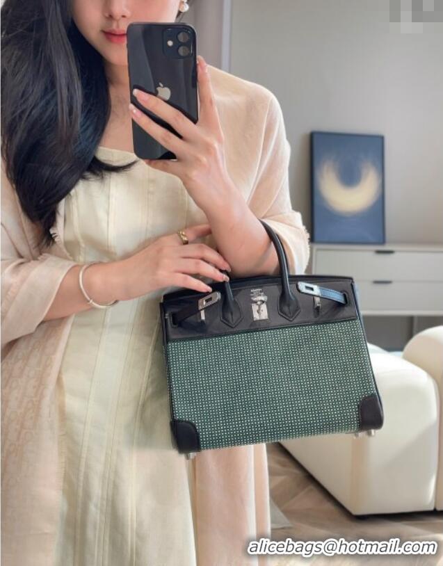 Top Quality Hermes Birkin 25cm Bag in Waffle Pattern Canvas and Swift Calfskin with Silver Hardware H1083 Black/Green 20