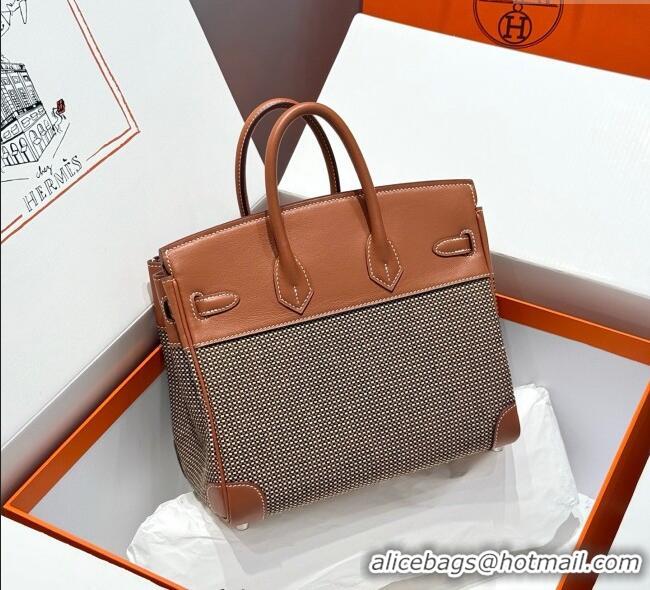 Super Quality Hermes Birkin 25cm Bag in Waffle Pattern Canvas and Swift Calfskin with Silver Hardware H1083 Brown 2025 (