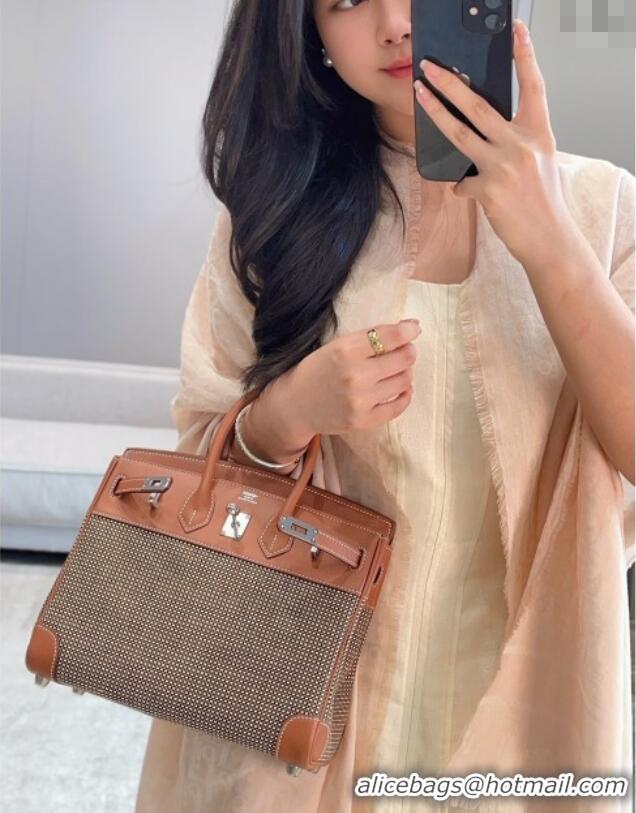 Super Quality Hermes Birkin 25cm Bag in Waffle Pattern Canvas and Swift Calfskin with Silver Hardware H1083 Brown 2025 (