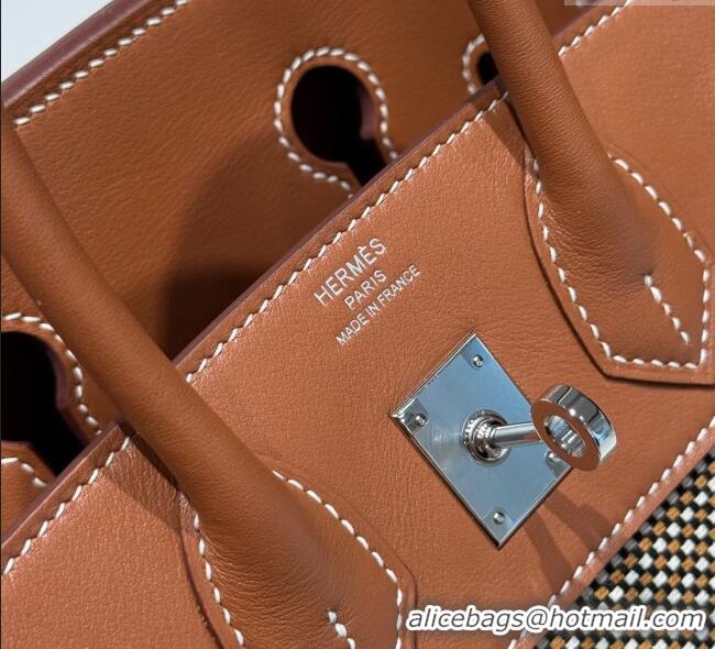 Super Quality Hermes Birkin 25cm Bag in Waffle Pattern Canvas and Swift Calfskin with Silver Hardware H1083 Brown 2025 (
