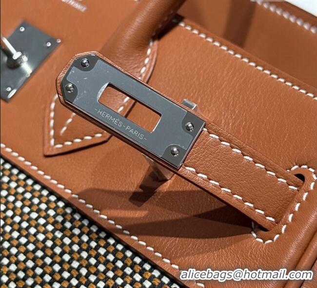 Super Quality Hermes Birkin 25cm Bag in Waffle Pattern Canvas and Swift Calfskin with Silver Hardware H1083 Brown 2025 (