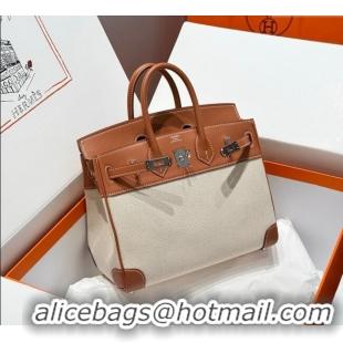 Grade Price Hermes Birkin 25cm Bag in Canvas and Swift Calfskin with Silver Hardware H1083 Brown/White 2025 (Half Handma