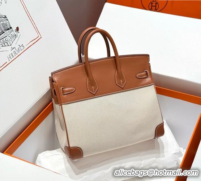 Grade Price Hermes Birkin 25cm Bag in Canvas and Swift Calfskin with Silver Hardware H1083 Brown/White 2025 (Half Handma