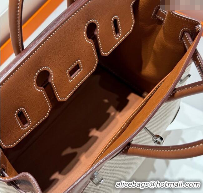 Grade Price Hermes Birkin 25cm Bag in Canvas and Swift Calfskin with Silver Hardware H1083 Brown/White 2025 (Half Handma