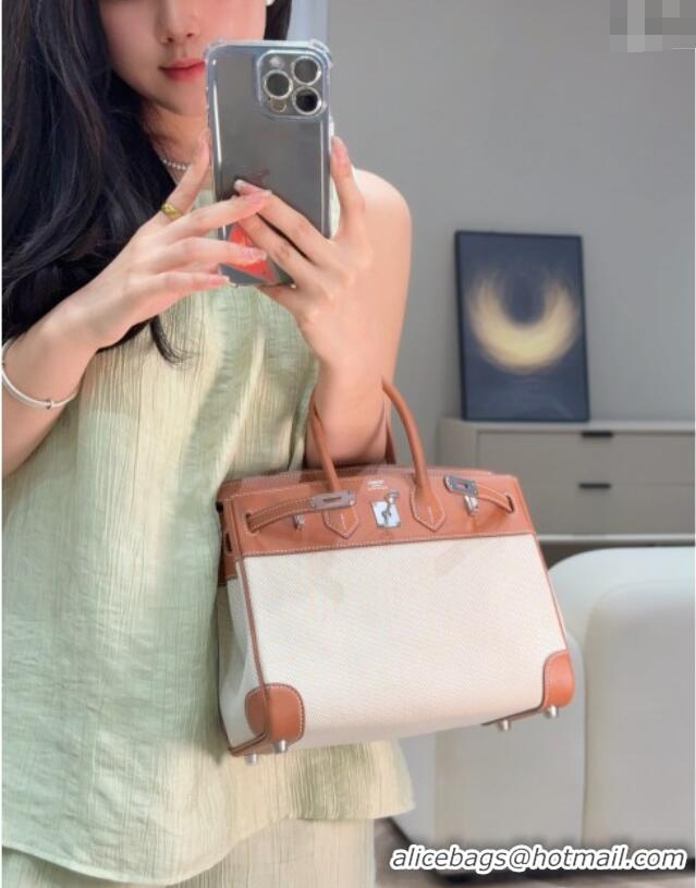 Grade Price Hermes Birkin 25cm Bag in Canvas and Swift Calfskin with Silver Hardware H1083 Brown/White 2025 (Half Handma