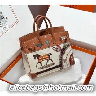 Most Popular Hermes Birkin 25cm Bag in Printed Canvas and Swift Calfskin with Silver Hardware H1083 Brown 2025 (Half Han