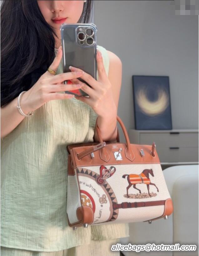 Most Popular Hermes Birkin 25cm Bag in Printed Canvas and Swift Calfskin with Silver Hardware H1083 Brown 2025 (Half Han